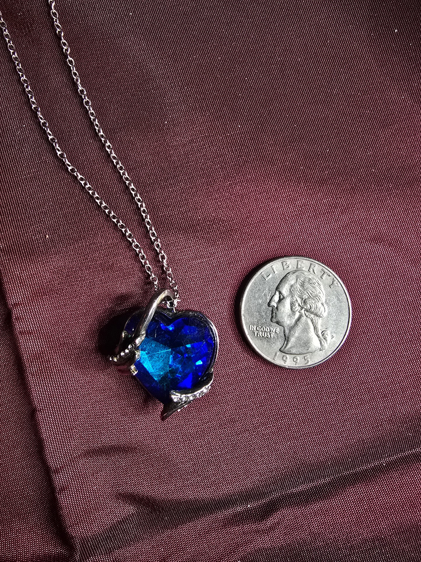 Blue Crystal Heart Pendant Necklace | 20" Silver Tone Chain