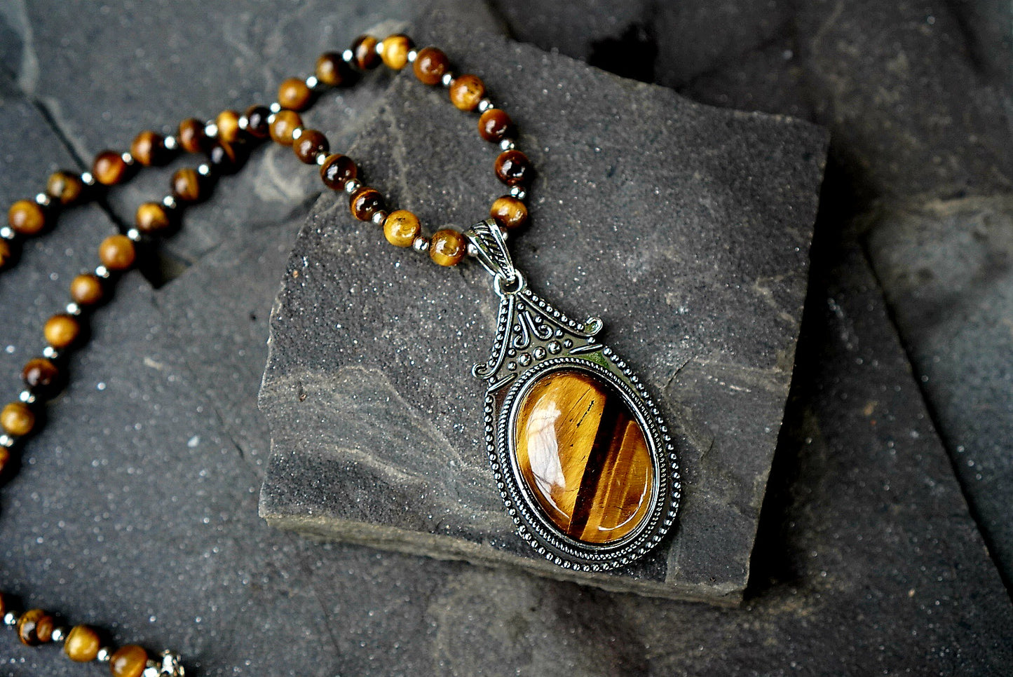 Preloved Tiger's Eye Stone Necklace | Natural Gemstone Pendant | Vintage Inspired Jewelry