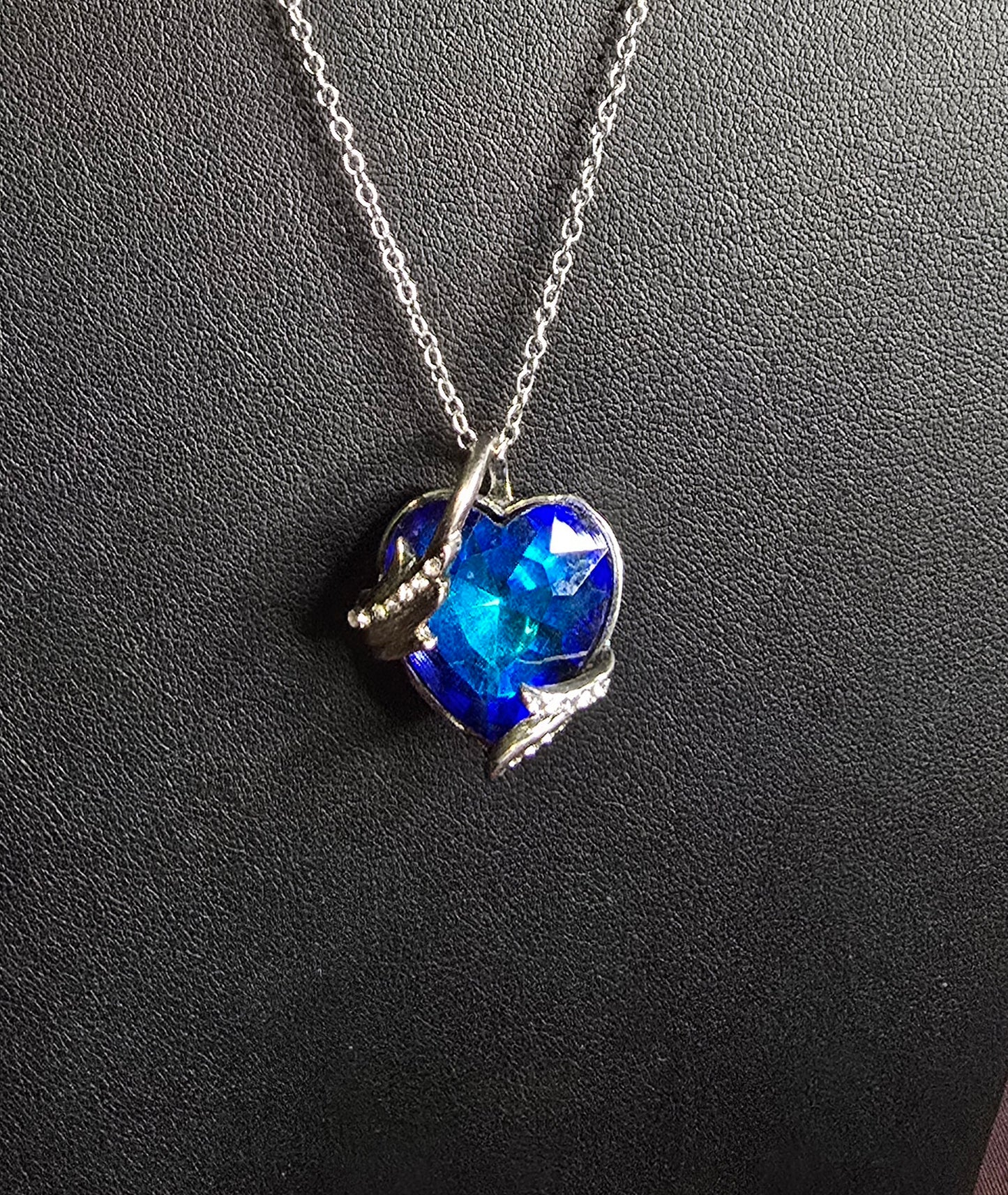 Blue Crystal Heart Pendant Necklace | 20" Silver Tone Chain