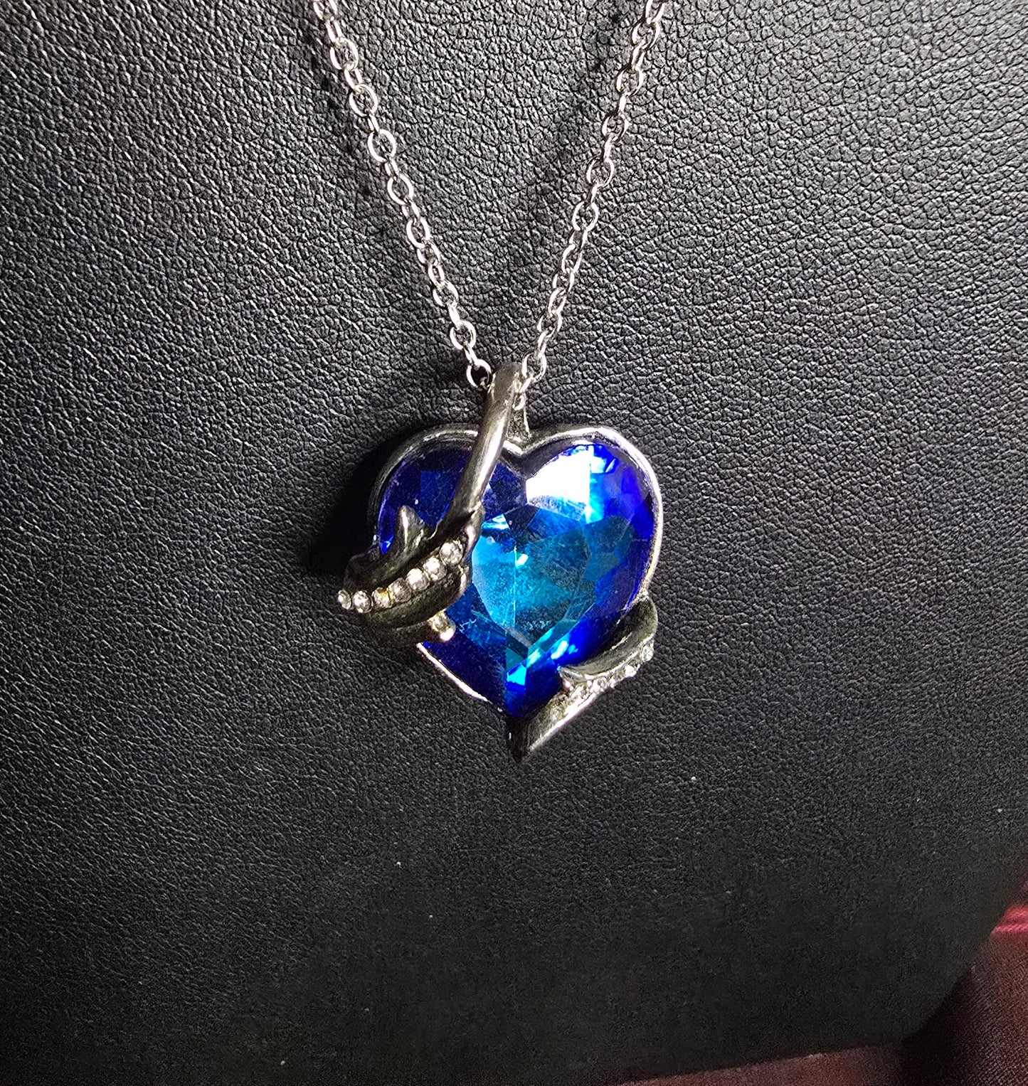 Blue Crystal Heart Pendant Necklace | 20" Silver Tone Chain