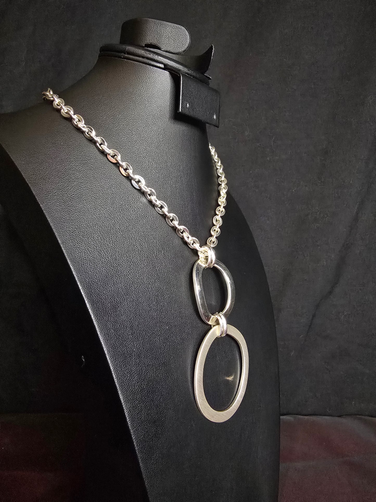Signed Etienne Aigner Silver-Tone Double Ring Pendant Necklace | 18" + 2" Extender | Preloved