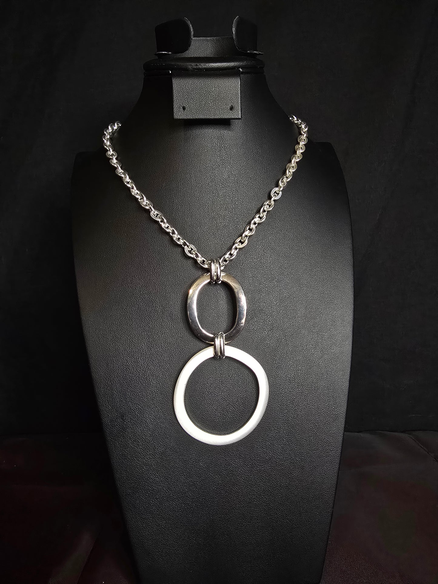 Signed Etienne Aigner Silver-Tone Double Ring Pendant Necklace | 18" + 2" Extender | Preloved